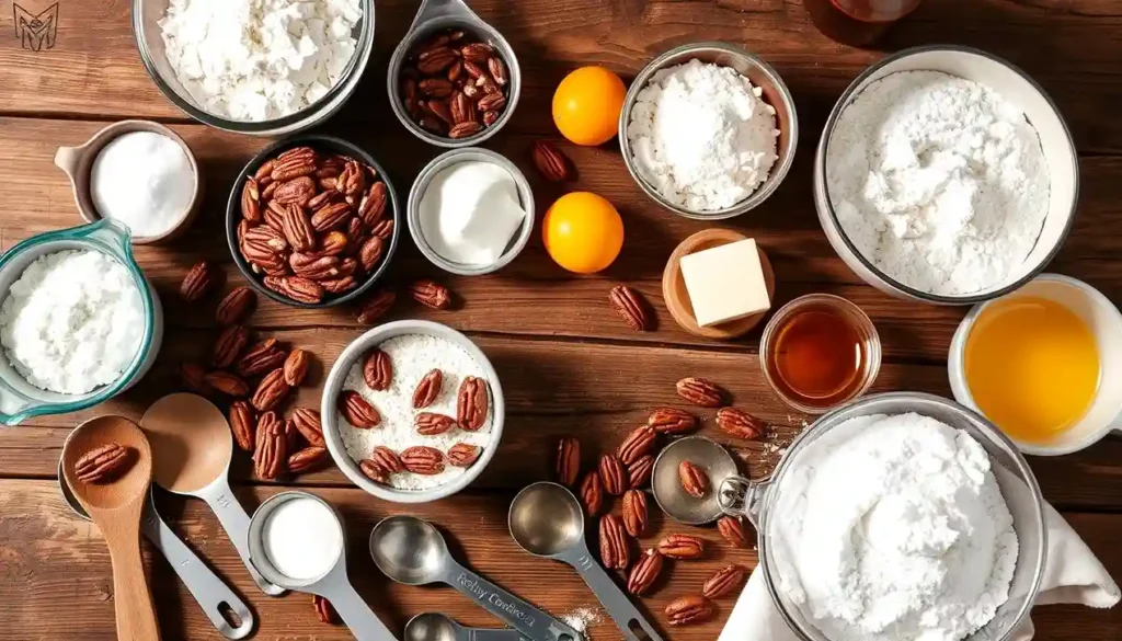 Ingredients for Pecan Cookie Recipes on a Wooden Table