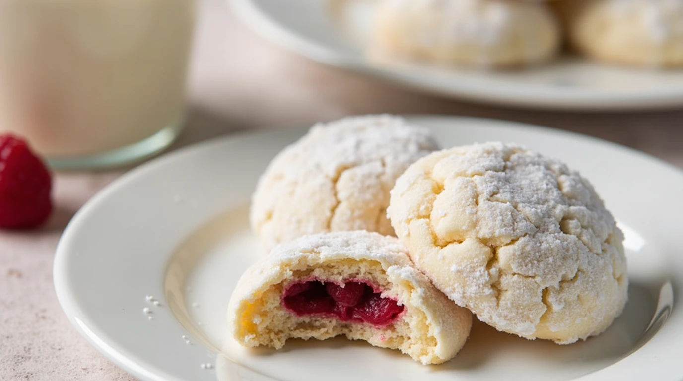 Raspberry-Filled Almond Snow Cookies on a Plate