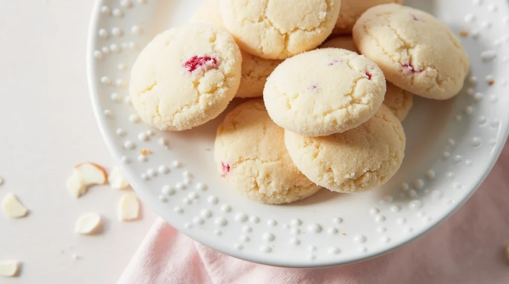 Plate of Raspberry-Filled Almond Snow Cookies
